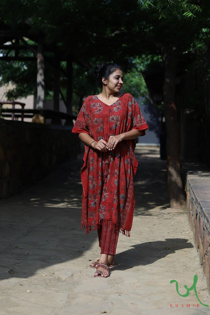 Red - Block Print Cotton Kalamkari Kaftan with Tie-Up Waist (Short)