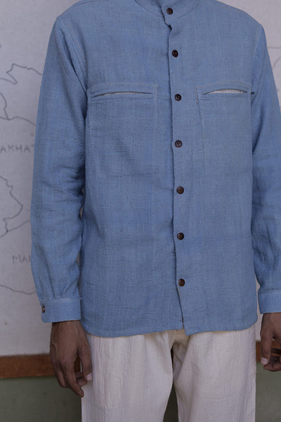 Khamir Peti charkha handmade, handstitched organic sustainable Kala Cotton Blue Peti Handwoven Silent Shirt