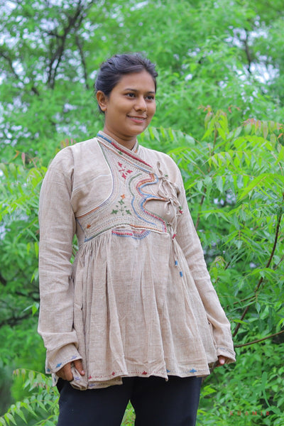 Brown Handcrafted Kala Cotton embroidered short Kutchi Kediya Organic Cotton | Khamir