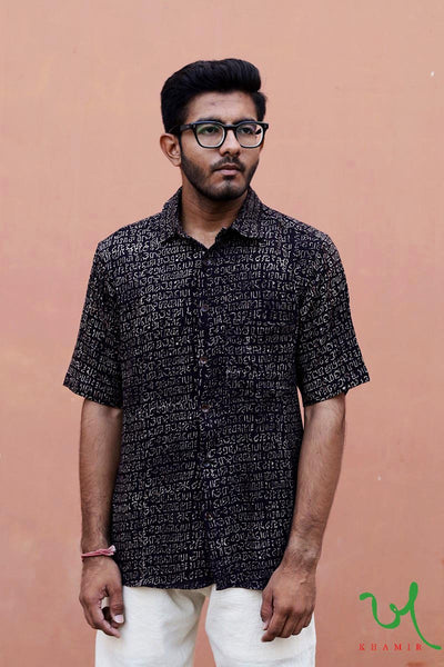 Handprinted Handwoven Casual Black Kala Cotton Men's Shirt with Traditional Text Patterns