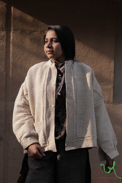 Desi Wool Handmade, Handcrafted stylish Checks Off White Jacket | Khamir