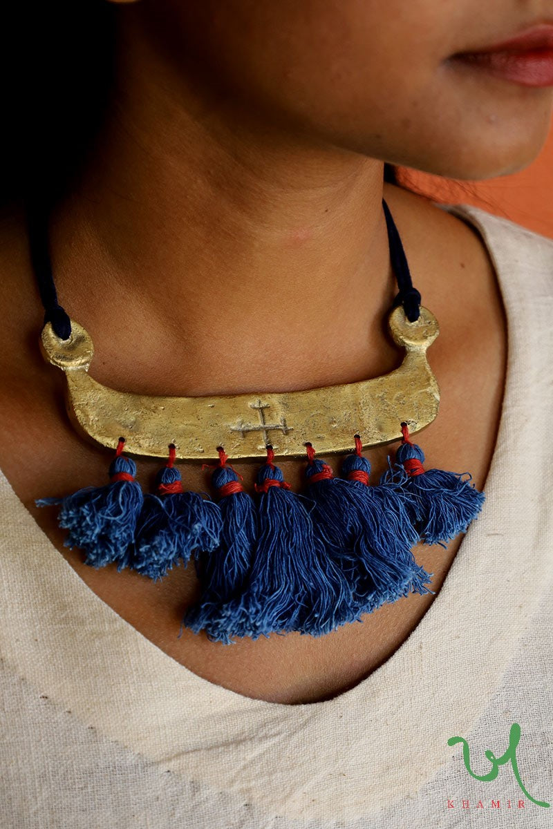Buy Recycled Metal Sand Cast Handcrafted Necklace With Indigo