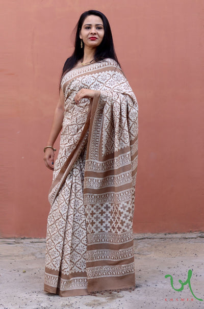 Khamir Traditional Kutchi handprinted Muga Silk 'Desert Evenings' Batik Saree