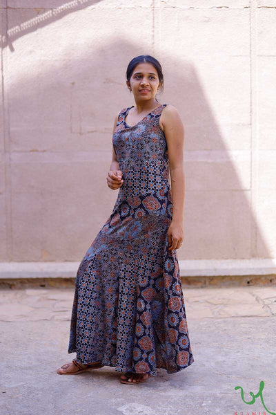 Traditional Kutchi Balck Indigo Ajrakh Block Print Cotton Long Dress by Khamir