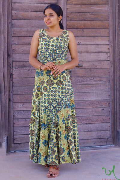 Traditional Kutchi Yellow Ajrakh Block Print Cotton Long Dress by Khamir
