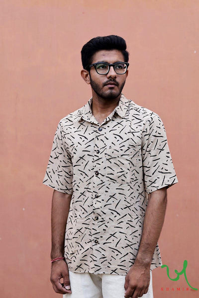 Beige, Khaki, Off white Handprinted Handwoven Casual Kala Cotton Men's Shirt with Abstract Lines Patterns