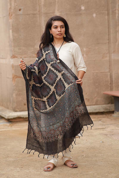 Black & Beige Traditional Motif Design Ajrakh Block Print Cotton Dupatta