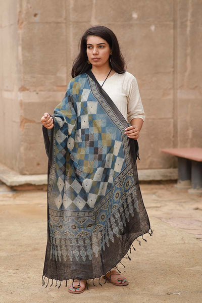 Indigo and Olive Checkered Geometric Design AjraDupattakh Hand Block Printed Cotton 