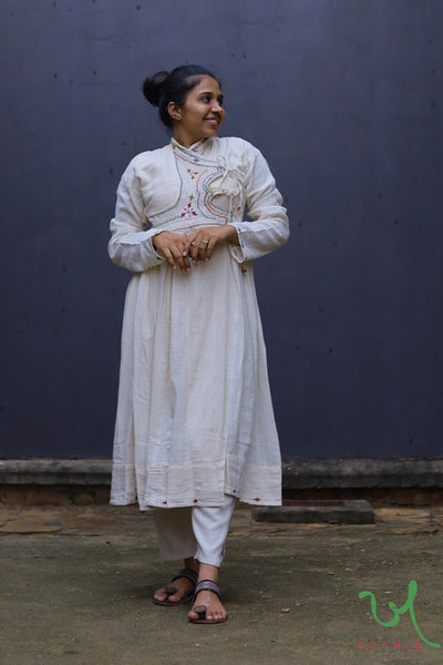 Off-White Handcrafted Kala Cotton embroidered long Kutchi Kediya Organic Cotton | Khamir