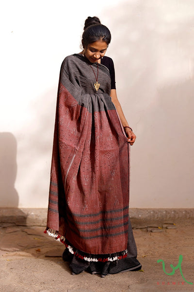 Khamir Traditional Kutchi Tangliya Black Red Sienna Handwoven Kala Cotton Saree