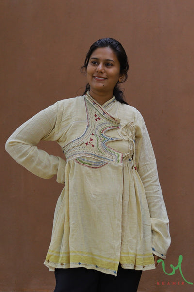 Light Yellow Handcrafted Kala Cotton embroidered short Kutchi Kediya Organic Cotton | Khamir