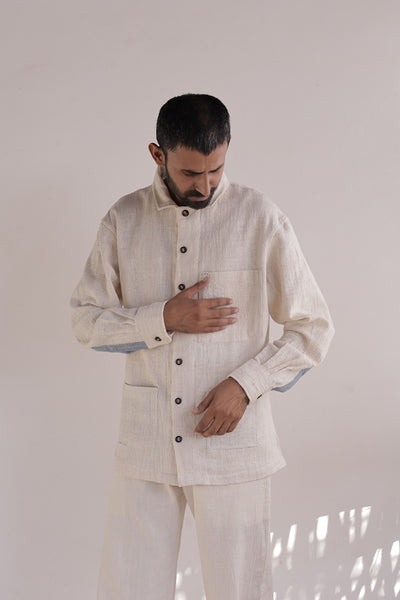 Khamir Peti charkha handmade, handstitched organic sustainable Kala Cotton Off White Peti Handwoven Lochan Over-shirt