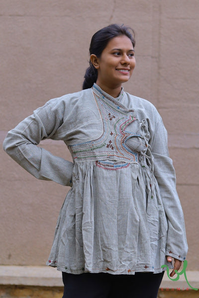 Grey Handcrafted Kala Cotton embroidered short Kutchi Kediya Organic Cotton | Khamir