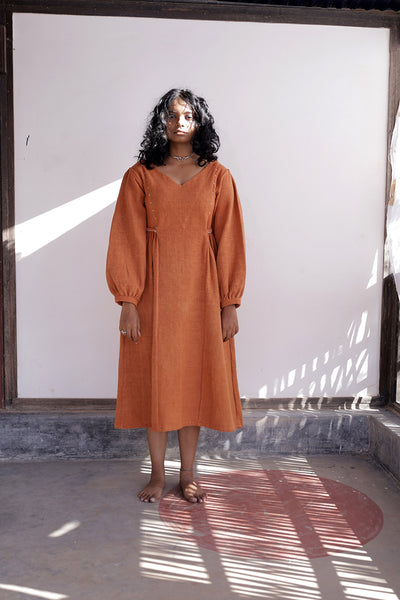 Khamir Peti charkha handmade, handstitched organic sustainable Kala Cotton Women's Caramel Peti Handwoven Farm Dress