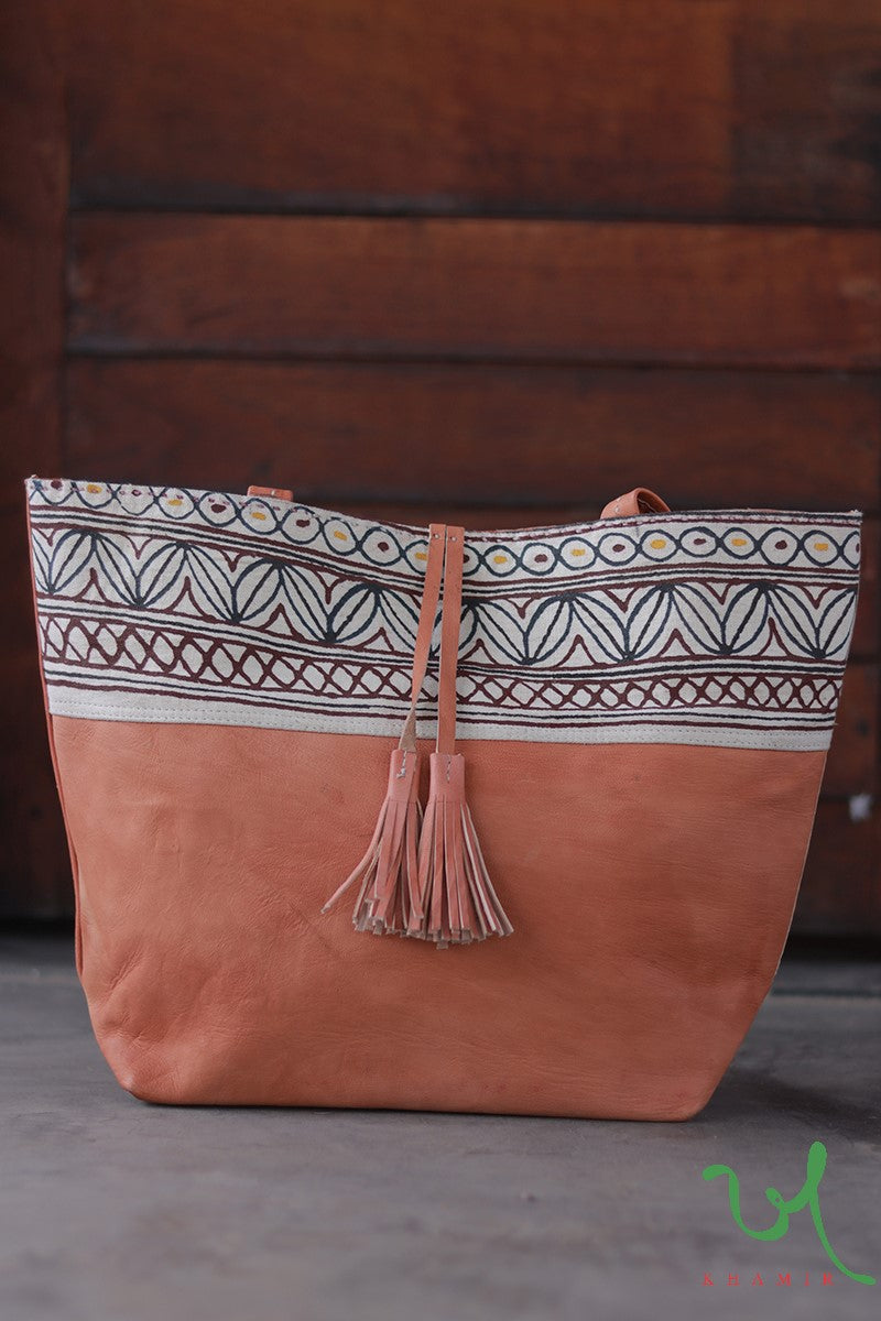Kutchi Brown Desi Leather Tote Bag with Rogan art designs - Khamir ...
