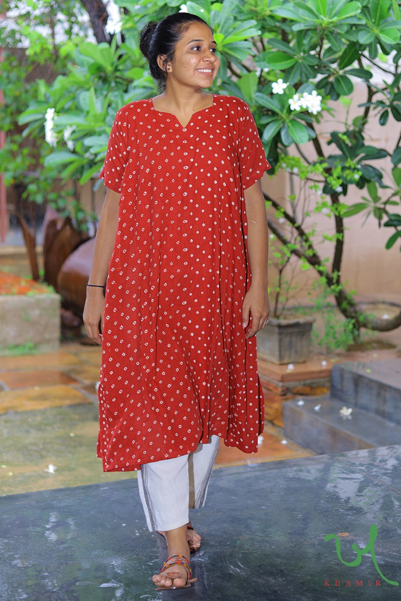 Red Cotton Blend Bandhani Print & Embroidered front Slit Navratri Special Long Kurta