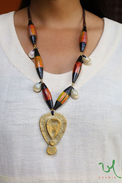 Recycled Metal and Lacquered Wood Sand Cast Handcrafted Necklace | Khamir