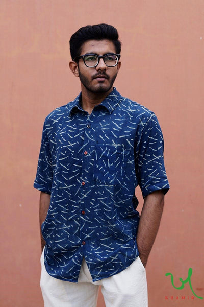 Handprinted Handwoven Casual Indigo Kala Cotton Men's Shirt with Abstract Lines Patterns