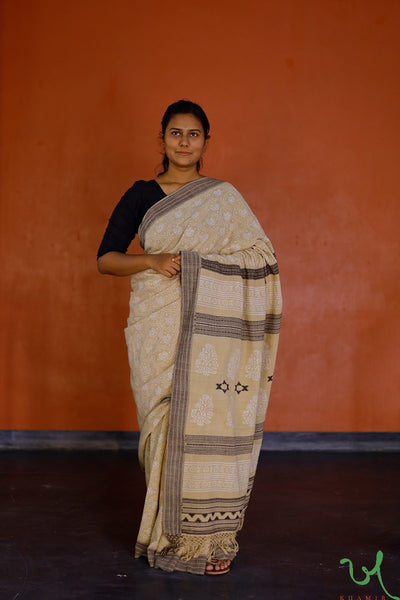 Off white and Black Traditional Kutchi Batik Print Handwoven Kala Cotton Saree or Sari by Khamir