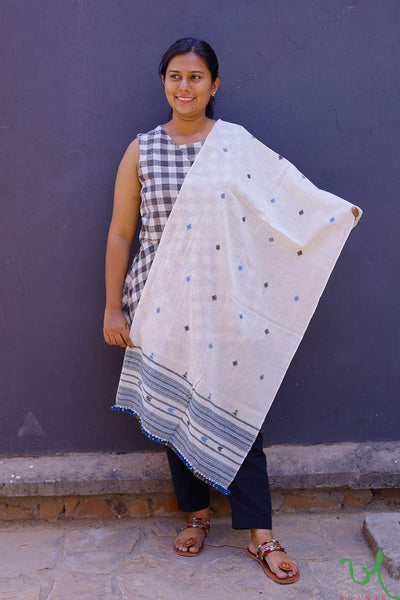 Traditional Kutchi Indigo Motifs Organic Kala Cotton Handwoven Stole with Extra-Weft Designs by Khamir