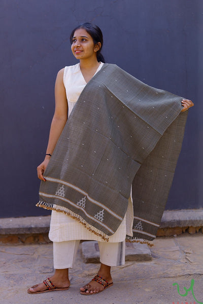 Traditional Kutchi Grey Organic Kala Cotton Handwoven Stole with Extra-Weft Designs by Khamir