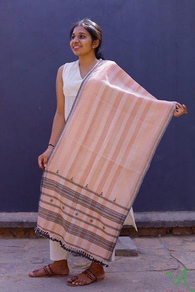 Traditional Kutchi Pink Brown Organic Kala Cotton Handwoven Stole with Extra-Weft Designs by Khamir