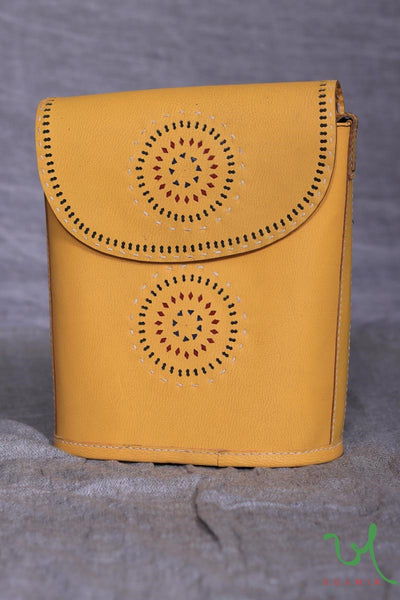 Khamir Traditional Kutchi Vibrant Yellow Chrome Leather Sling Bag.