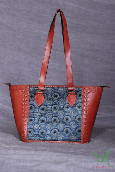 Khamir Traditional Kutchi Brown Turquoise Ajrakh Leather Shoulder Bag