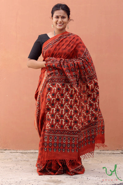 Red Ajrakh Block Printed Handwoven Muslin Cotton Saree