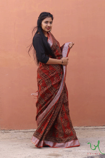 Red Ajrakh Block Printed Linen Saree