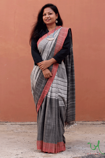 Black-White Organic Kala Cotton Hand Woven Saree With Extra-Weft Designs