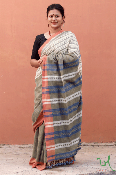Olive-Cream Organic Kala Cotton Hand Woven Saree With Extra-Weft Designs