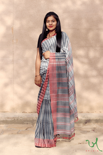 Indigo-Black Organic Kala Cotton Hand Woven Saree With Extra-Weft Designs