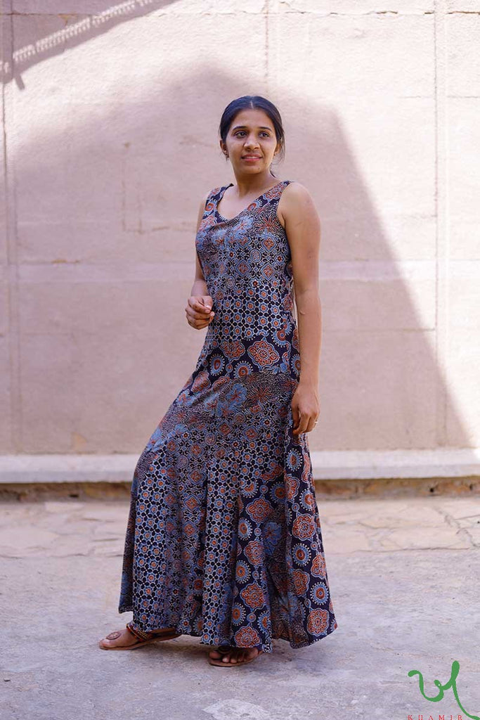 ajrakh long dress Ajrakh Printed & Hand Embroidered A-Line Tiered Flared Maxi Dress