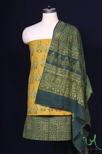 Khamir Farida Naturally Dyed Traditional Kutchi Hand Block Printed 3pc Ajrakh Suit Material Set