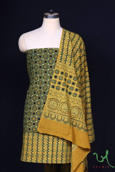 Khamir Naturally Dyed Traditional patterned Sahara Hand Block Printed 3pc Ajrakh Suit Material Set