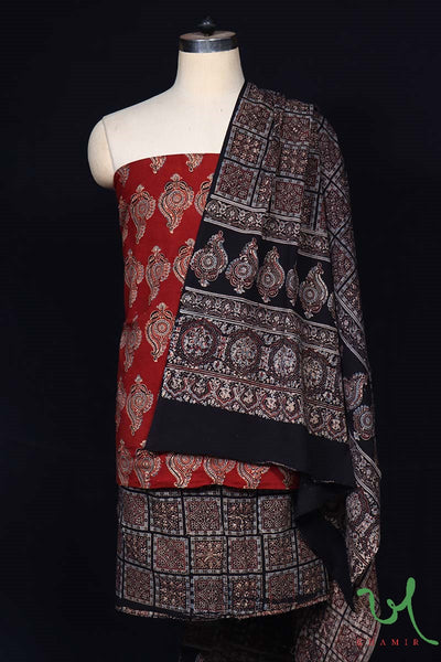 Designer Uma Naturally Dyed Hand Block Printed 3pc Ajrakh Suit Material Set by Khamir