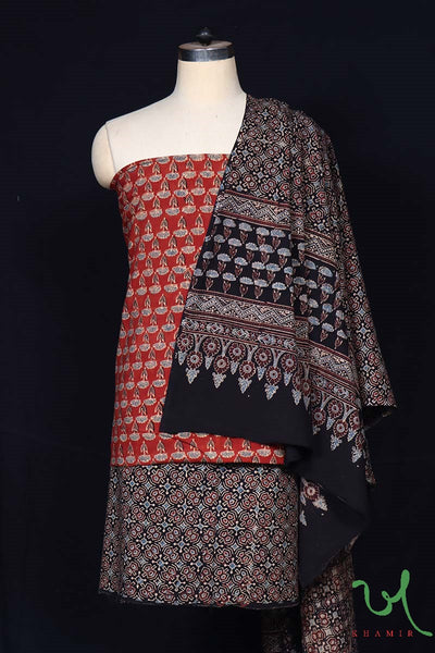 Designer Meher Naturally Dyed Hand Block Printed 3pc Ajrakh Suit Material Set by Khamir