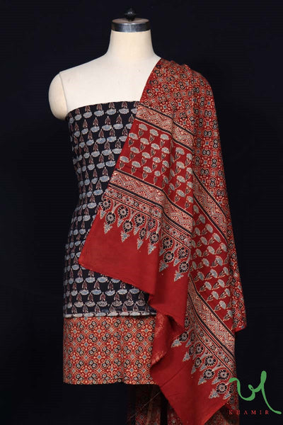 Naturally Dyed Hand Designer Block Printed 3pc Ajrakh Suit Material Set by Khamir