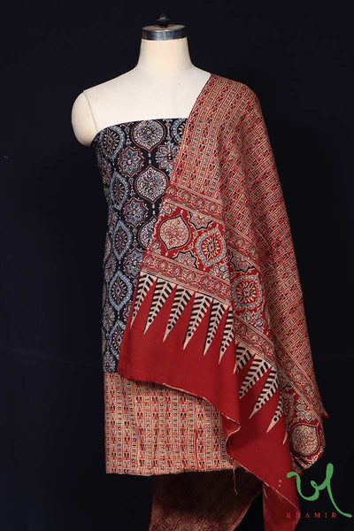 Indigo and Red designer Naturally Dyed Hand Block Printed 3pc Ajrakh Suit Material Set by Khamir