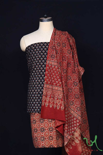 Naturally Dyed Hand Block Printed 3pc Ajrakh Cotton Suit Material Set