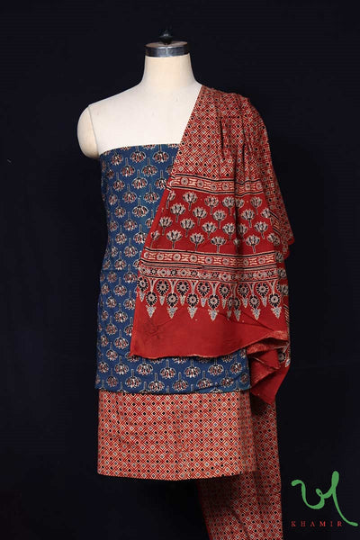 Naturally Dyed Hand Block Printed 3pc Ajrakh cotton Suit Material Set by Khamir