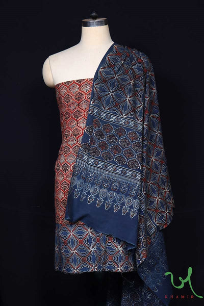 Indigo and Red Naturally Dyed Hand Block Printed 3pc Ajrakh Cotton Suit Material Set