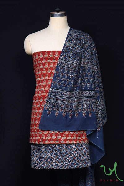 Indigo and Red Imara Naturally Dyed Hand Block Printed 3pc Ajrakh Suit Material Set by Khamir