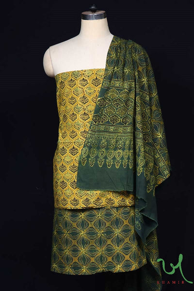 Dark Green and Yellow Naturally Dyed Hand Block Printed 3pc Ajrakh Suit Material Set