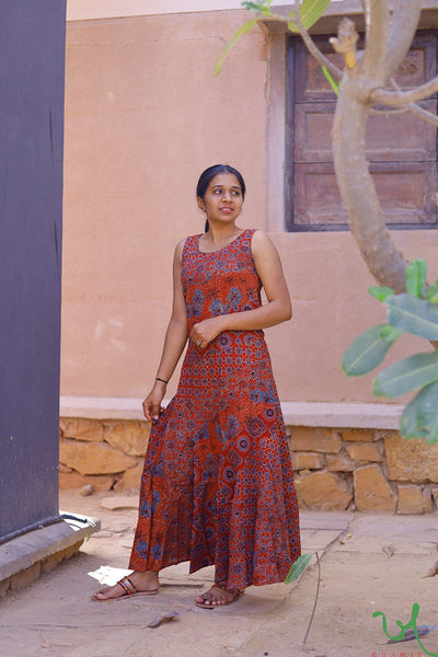 Traditional Kutchi Red Blue Ajrakh Block Print Cotton Long Summer Dress by Khamir