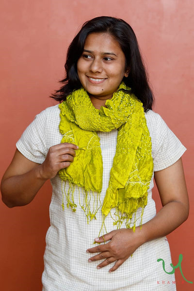 Khamir Traditional Kutchi Ziva Green Silk Bandhani Stole