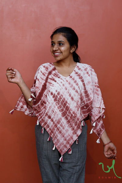 Khamir Kala Cotton Maroon and white tie and dye Rose Poncho