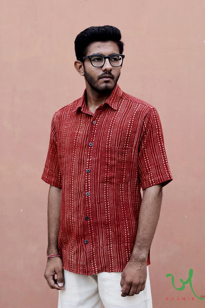 Handprinted Handwoven Casual Red Kala Cotton Men's Shirt with Traditional Patterns